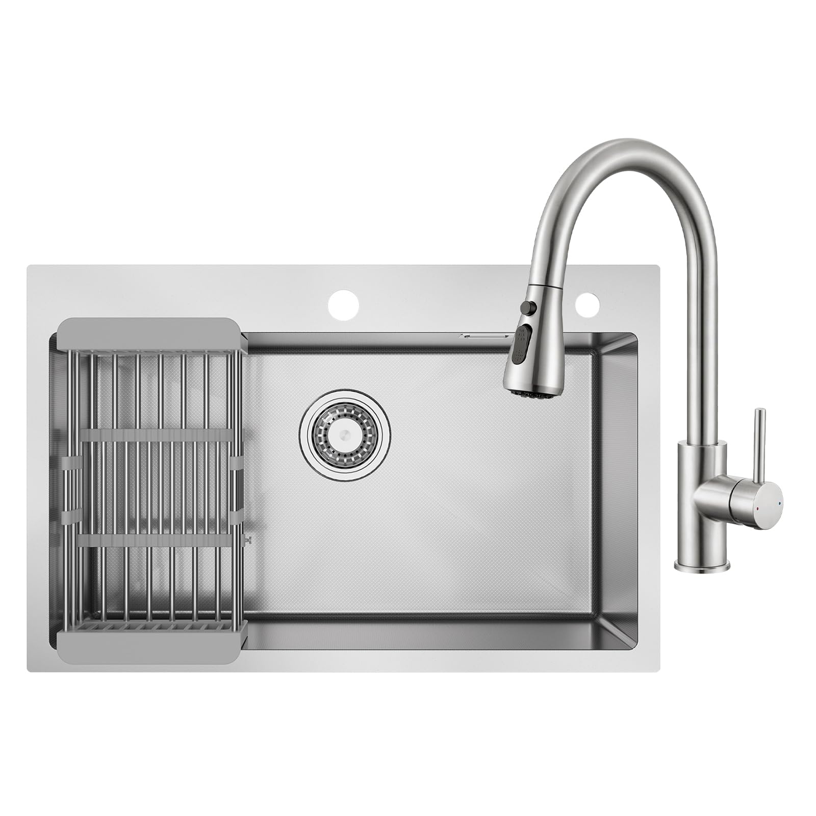 CECIPA 70x45 cm Lavello Cucina con Arco Rubinetto Cucina Estraibile, Lavandino Cucina 1 Vasca in Acciaio Inox con cestello scolapiatti, per Mobile da 70cm