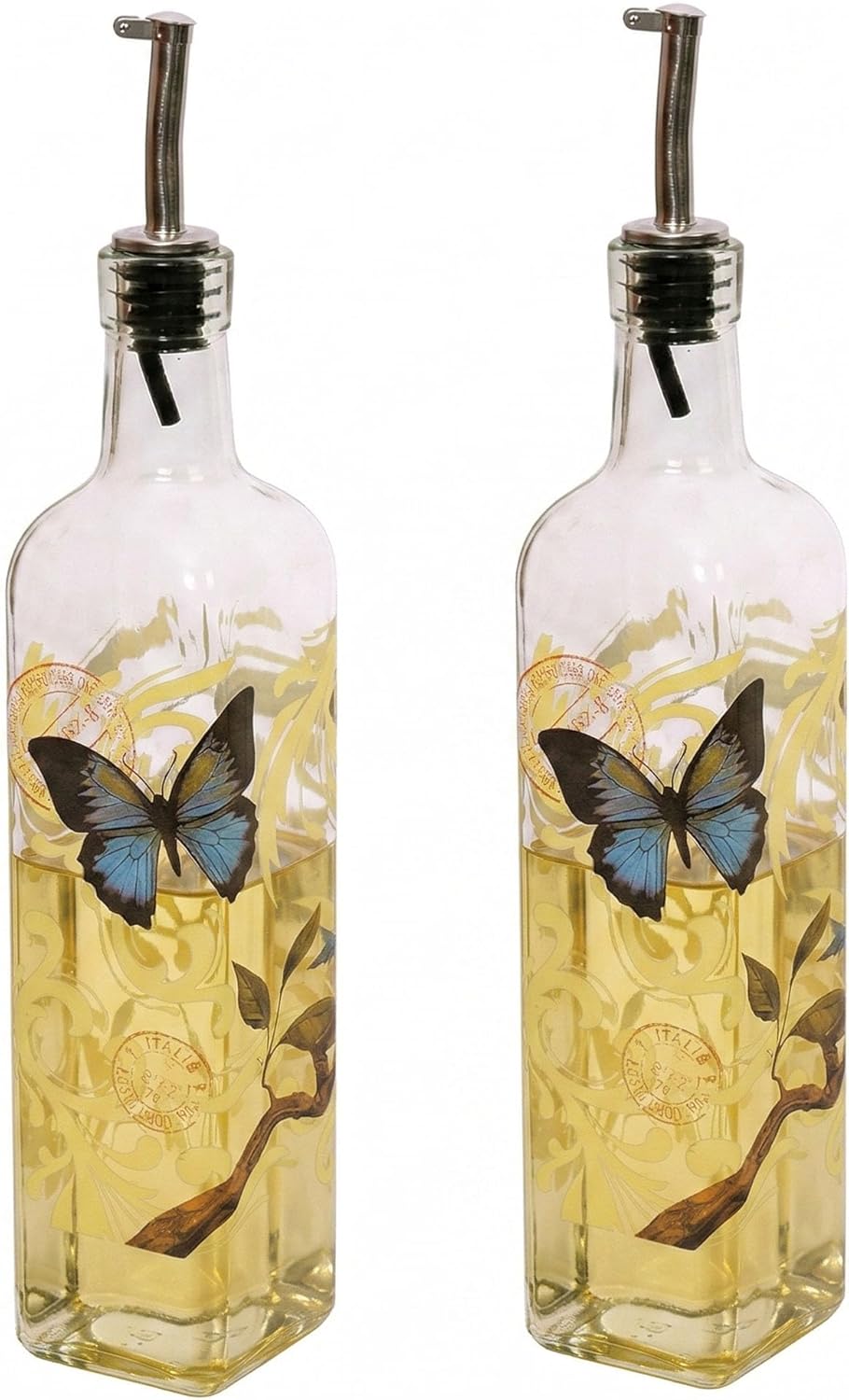 Topadorn 17 oz Olive Oil Dispenser Bottle Set for Kitchen, 2 Pcs Glass Oil Dispenser Bottle with Stainless Steel Pourers, 2 Packs of Napkins, Butterfly