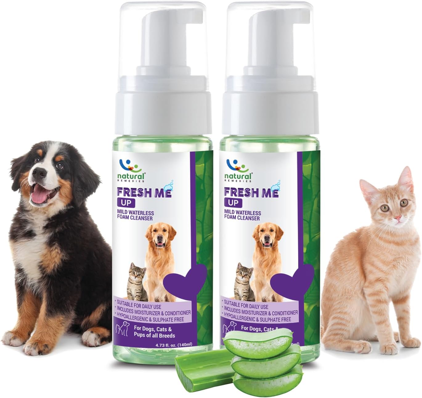 Natural Remedies Fresh Me Up Mild Waterless Foam Cleanser Dry Shampoo for Dogs, Cats of All Breeds, Moisturizer & Conditioner, Pet Grooming, Lick Safe, Hypoallergenic, Sulfate Free, 140 ml (Pack of 2)