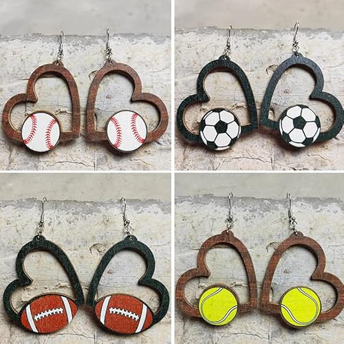 Handmade Sports Ball Baseball Football Drop Dangle Earrings Natural Wooden Heart Teardrop Basketball Volleyball Printed For Women Girls Friendship Sports Fans Lover Party Jewelry (B Baseball) #TOP2
