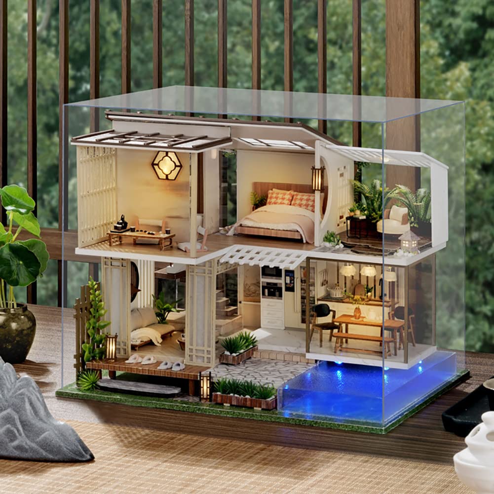 Maison de poupée miniature en bois de style chinois - Villa à 2 étages avec piscine de jardin - Échelle 1:24 - Maison de jouets assemblée pour enfants et amis