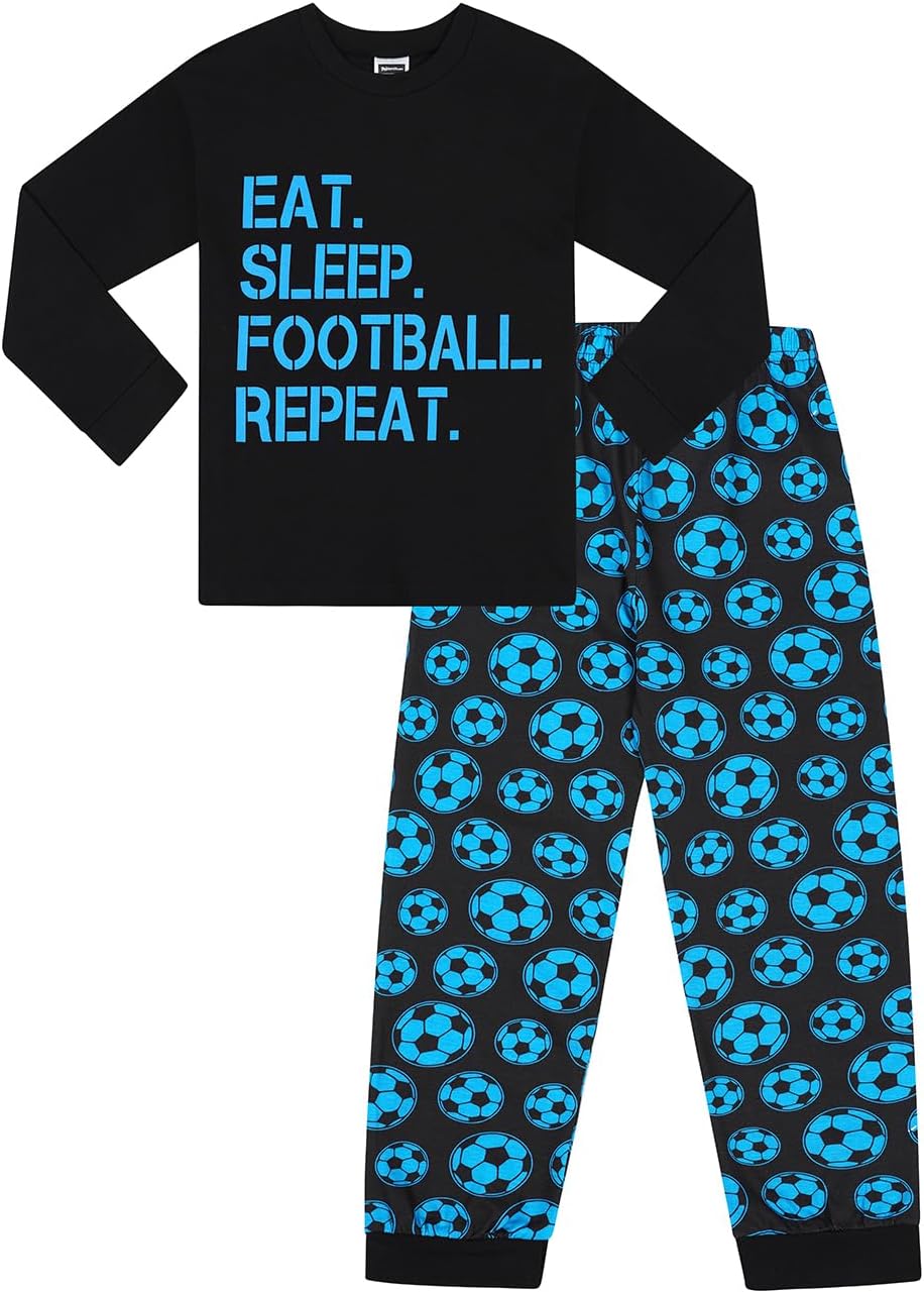 Boys Eat Sleep Football Repeat Long Cotton Pyjamas Blue Unisex