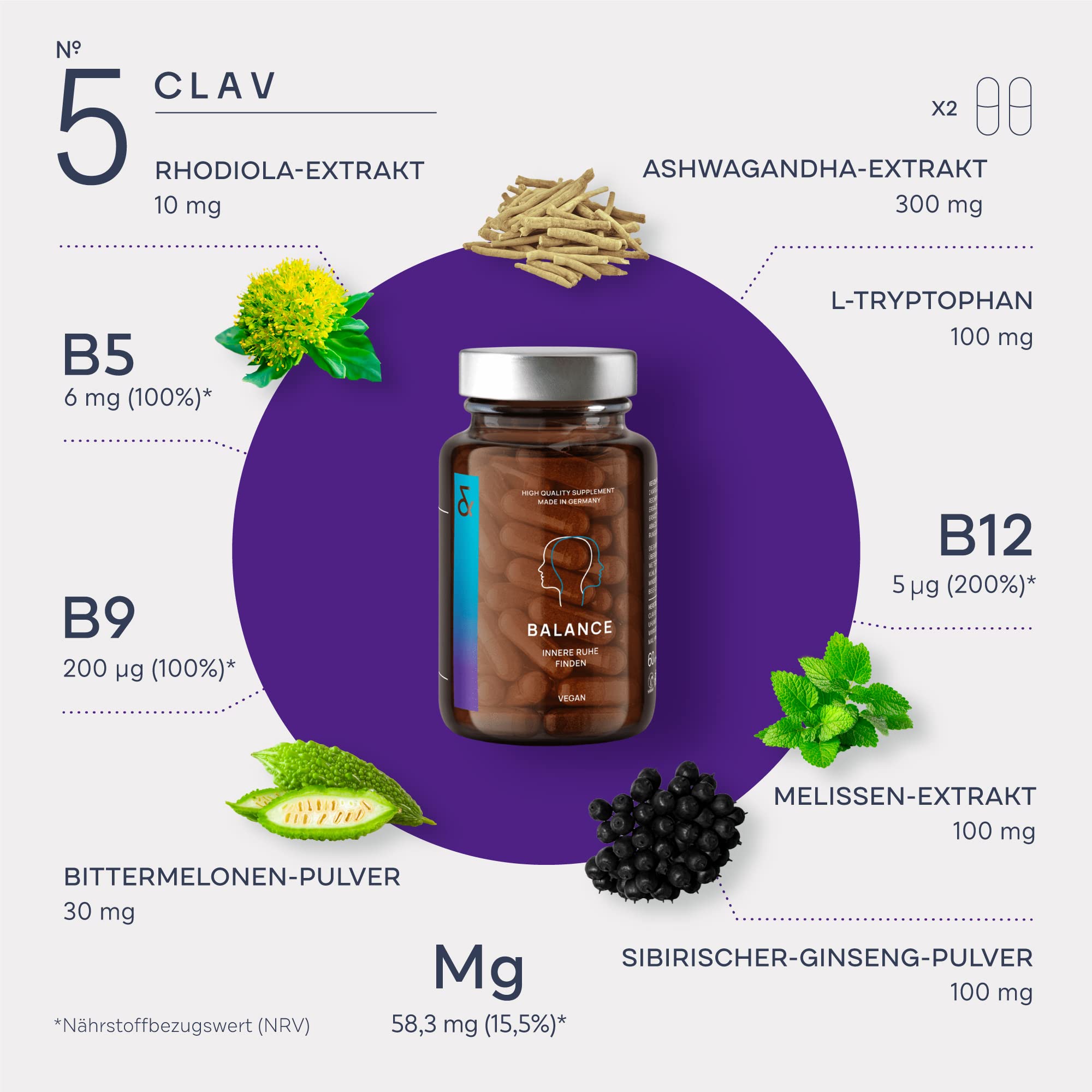 CLAV® N°5 BALANCE – 60 Kapseln - Serotonin & Dopamin Kapseln mit Ashwagandha, Rhodiola & Safran – Magnesium, Vitamin B12, B5 & B9 – Für innere Balance & Nerven – Vegan