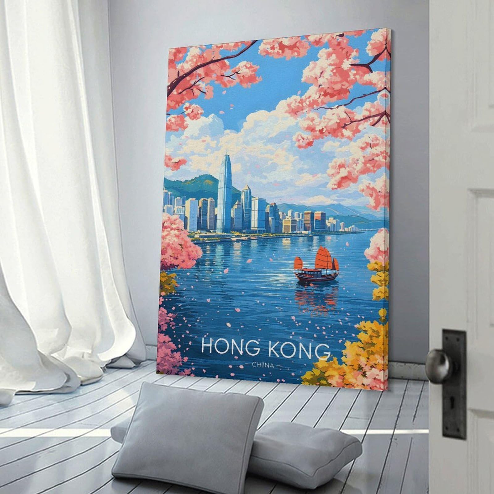 Junmoney Frame-Style-16-1 Hong Kong Skyline With Cherry Blossoms Canvas Wall Decor, 20X30inch(50X75cm), For Flats, Guest Rooms Or Compact Rooms, Decorative Canvas Decor For Home Updates