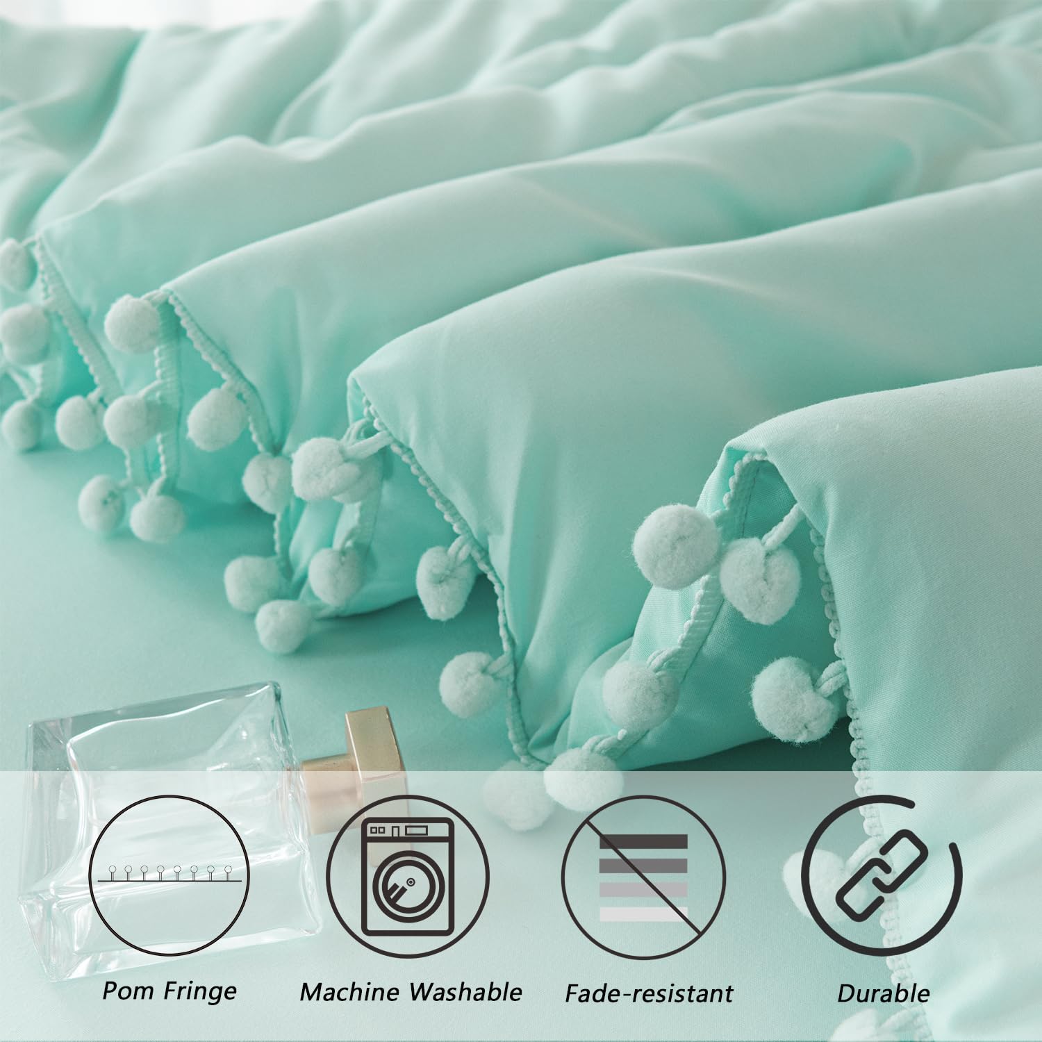 Tufted Dots 6-Piece Twin Bed In A Bag - Sage Green Pom Pom Comforter Set, Shabby Chic Boho - View #4