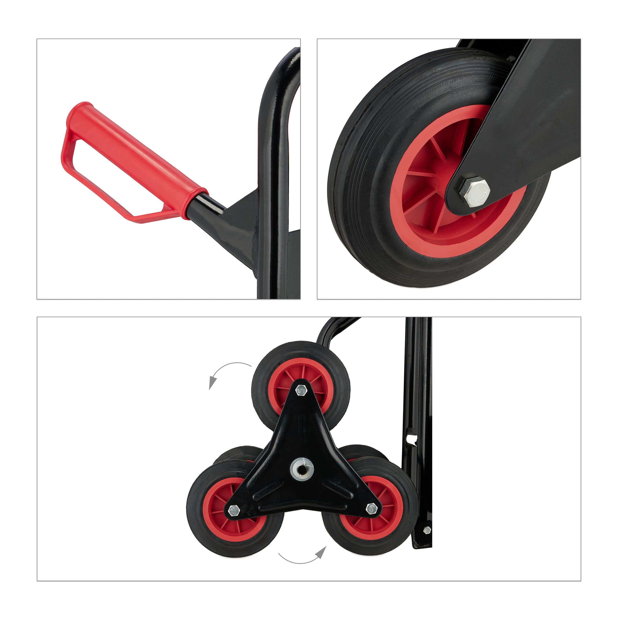 Relaxdays Carretilla Escaleras, Carro Transporte Plegable, máx.200 kg, Ruedas Goma Maciza, Altura Regulable, Negro/Rojo