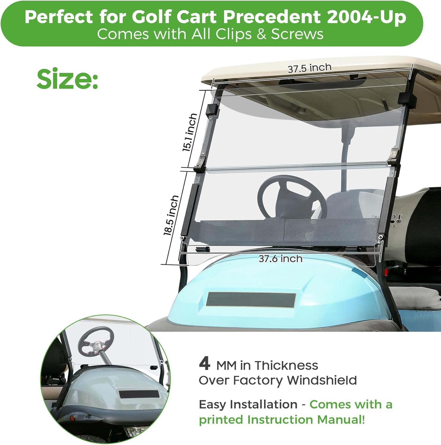 10L0L Golf Cart Windshield for Club Car Precedent 2004-Up, Onward and Tempo 2017-up Gas or Electric,Windshield Fold Down Impact Resistant-Clear