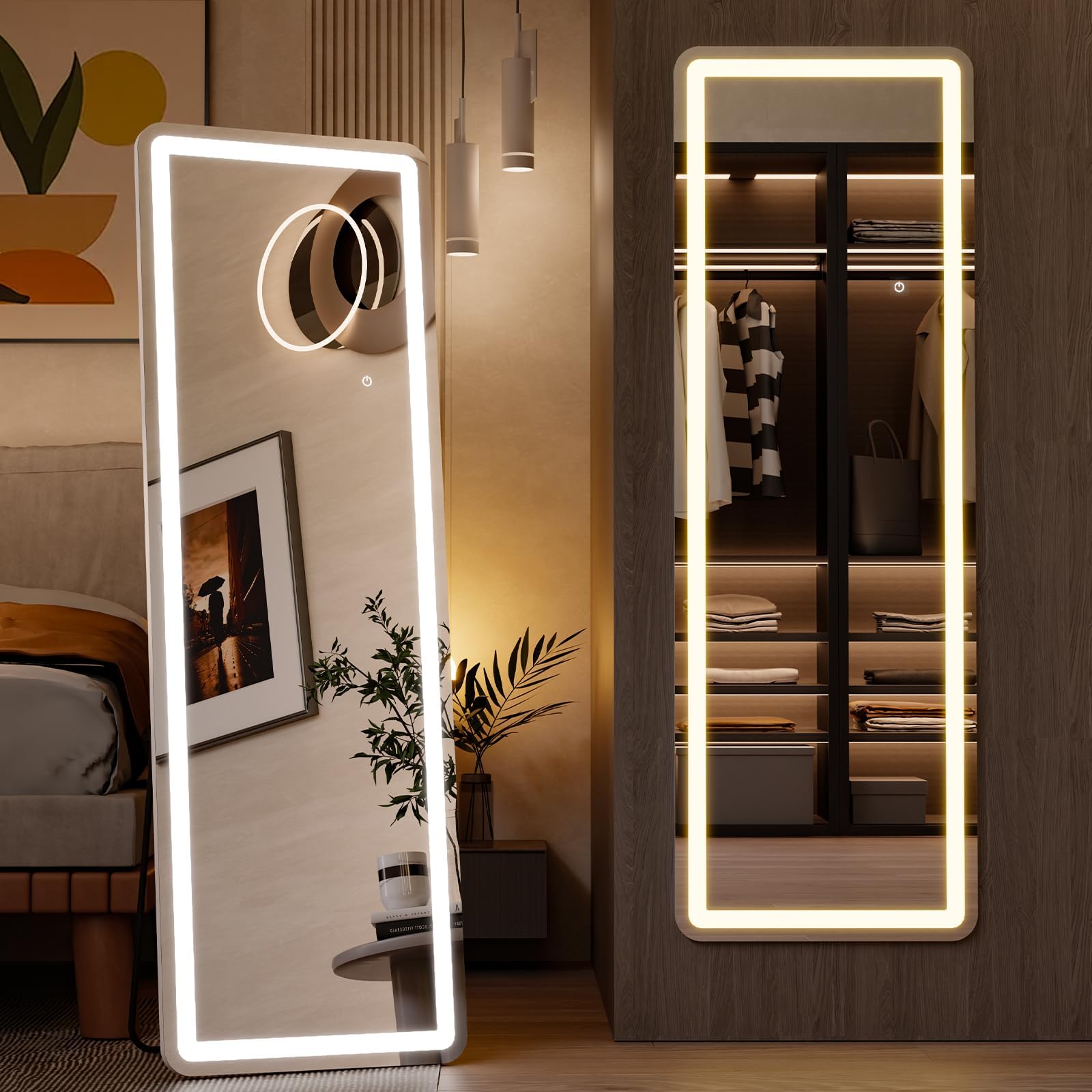 Full Length Mirror with LED Lights, 60"x16"Floor Mirror with Dimming & 3 Color Lighting, Led Mirror Full Length with Stand for Bedroom, Dressing Room, Rectangle