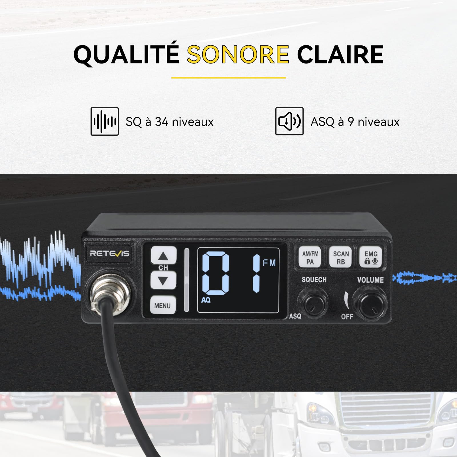 Retevis MB63 Radio CB Mobile Kit Complet avec Antenne AM/FM/PA Écran LCD VOX SQ/ASQ EMG CH9/19 Noir