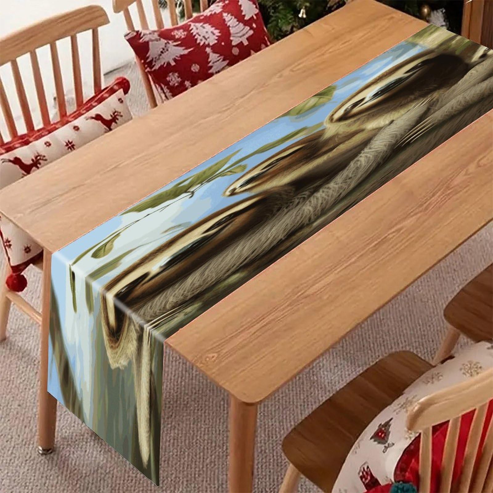 Adfgyerh Style Sloth Family Table Runner，Pure Linen Chambray ,Boho Table Runner，Heavy Duty Washable Fabric Decorations ，For Party Kitchen Dining Table Coffee Holiday Party Decor (12X70.87 Inches)