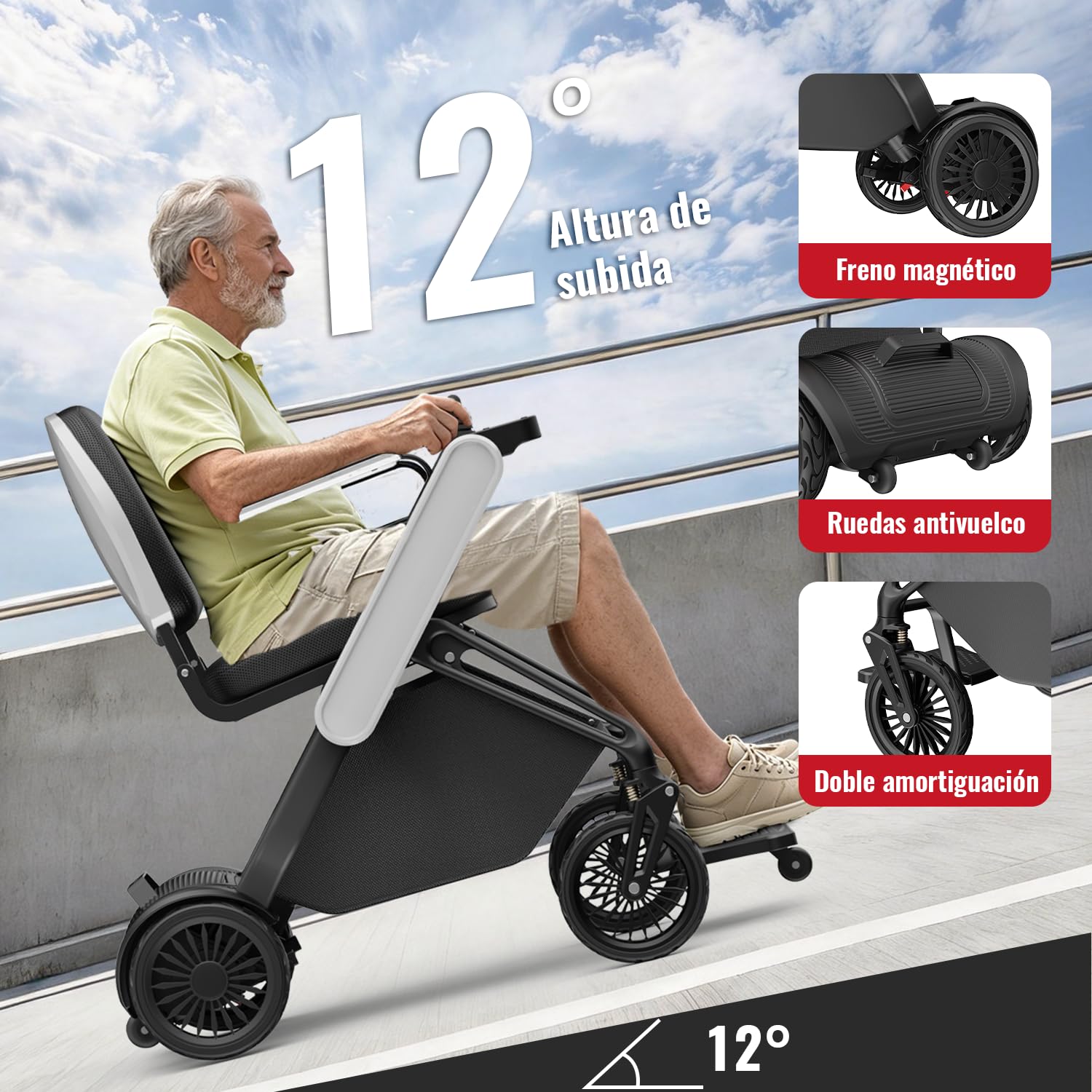 F10 Silla De Ruedas Eléctrica De Plegado Automático Ligera 18Kg, Plegado Con Una Sola Tecla, Autonomía 23-46 km, All Terrain Silla De Ruedas Eléctrica para Adultos (Blanco, Amperio-hora, 12)