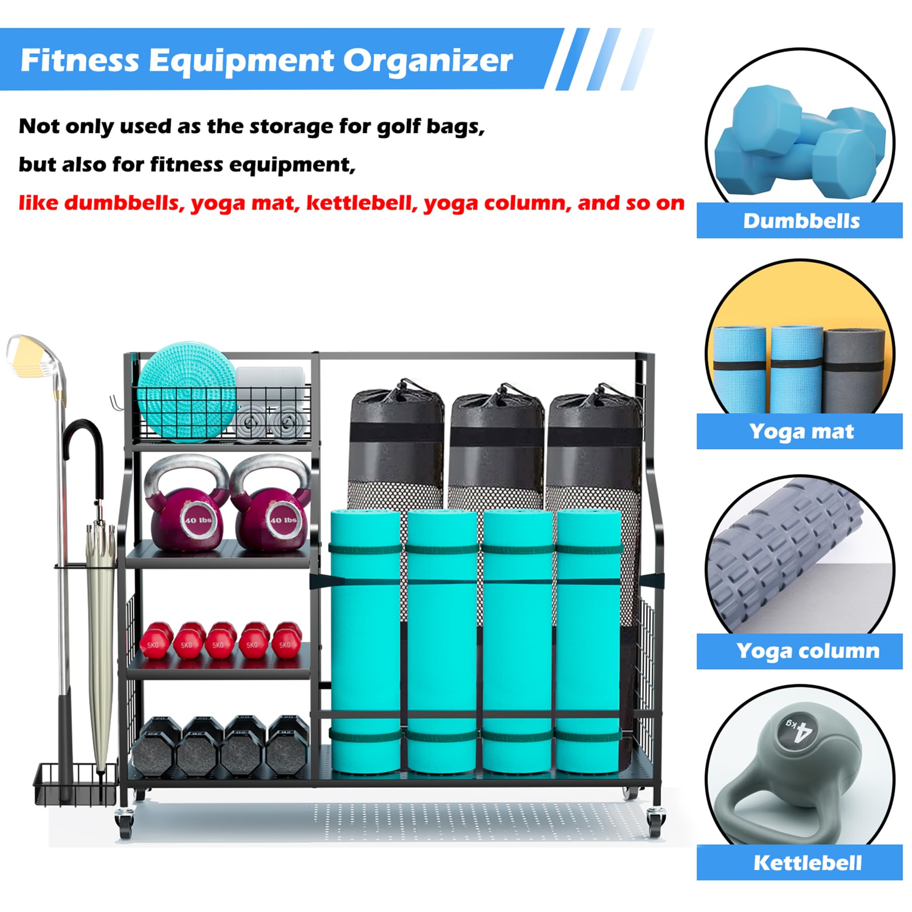 Sac de rangement pour sac de golf, support de rangement pour club de golf, organiseur de sac, pour garage, équipement de sport, convient pour 2 sacs, rangement de jouets d'extérieur (avec poches