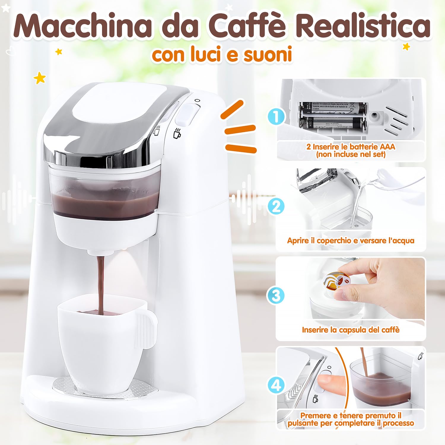 PLAY Cucina Giocattolo per Bambini con Macchina Caffè, Mixer, Tostapane con Luci e Suoni Realistici, Set di Elettrodomestici Cucina Regalo per Bambini 3+ Anni (Bianco)