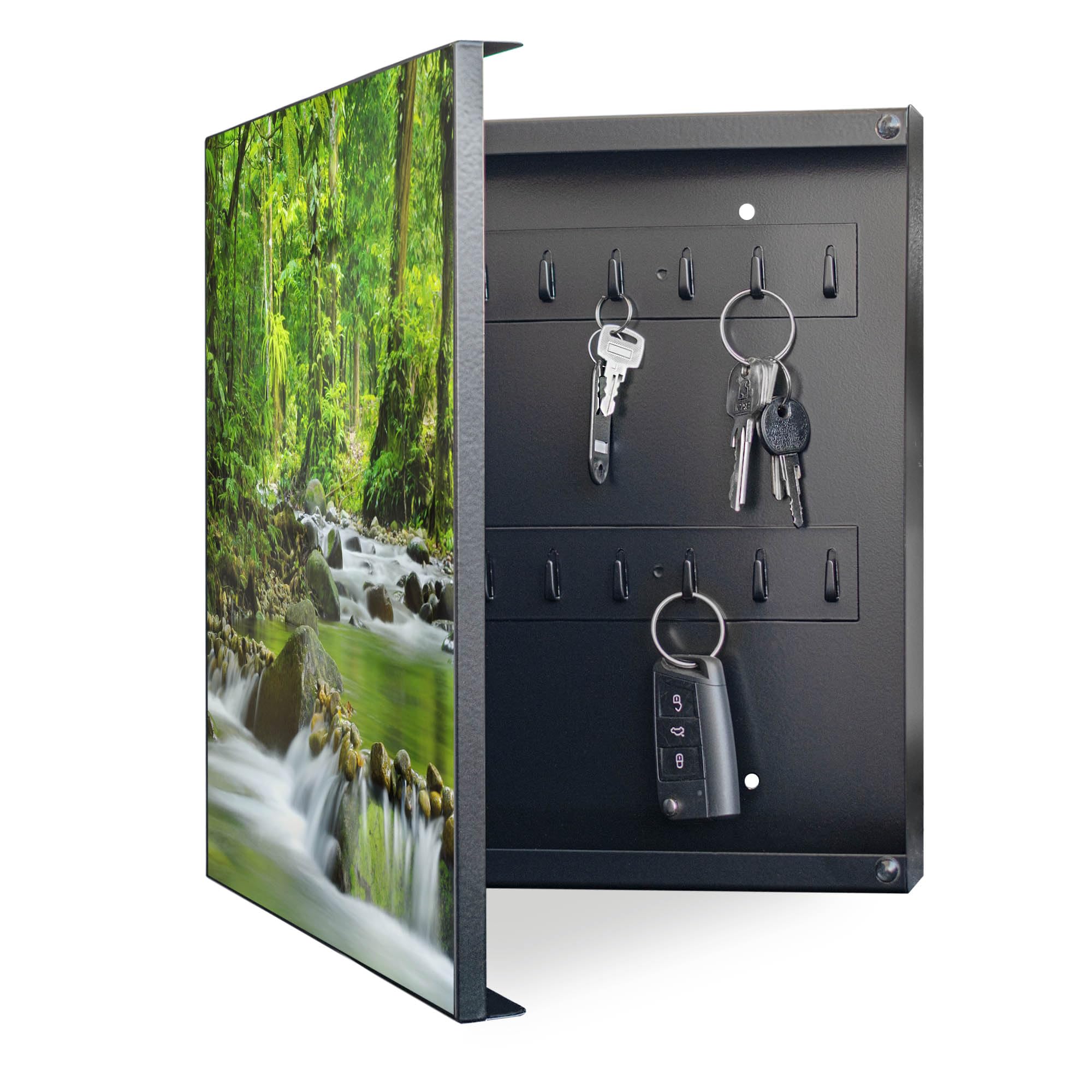 banjado Großer Schlüsselkasten Metall - Schlüsselbox 30x30cm beschreibbarer mit 32 Haken - Schlüsselkasten modern für Schlüsselaufbewahrung - Korpus Schwarz Scharnier Links - Motiv Rauschender Bach