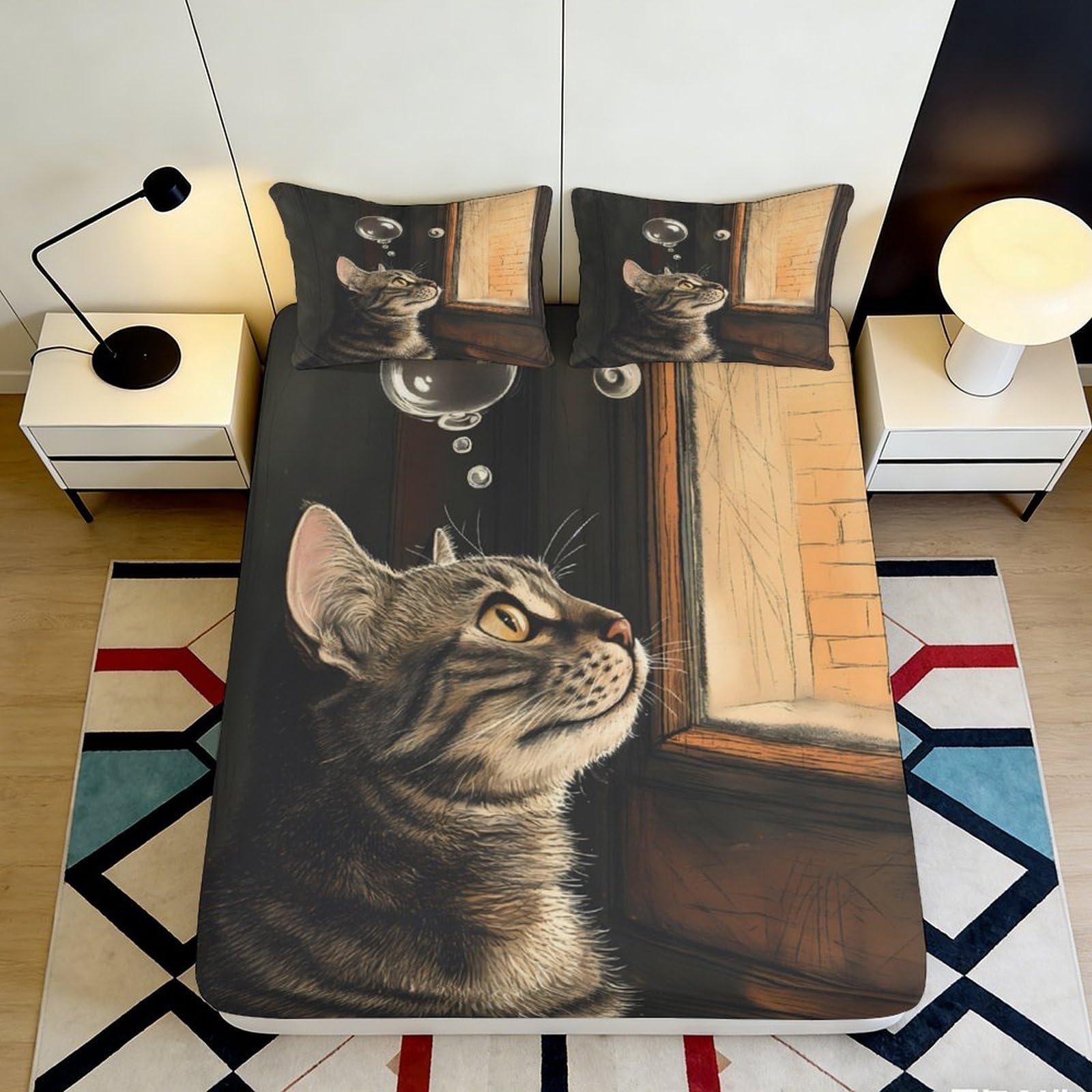 3D Printed Cartoon Bear Fitted Sheet Microfiber Non-Slip Deep Pocket Bear Mattress Fitted Cover Washable Full Wrap for Bedroom 200x200x25cm