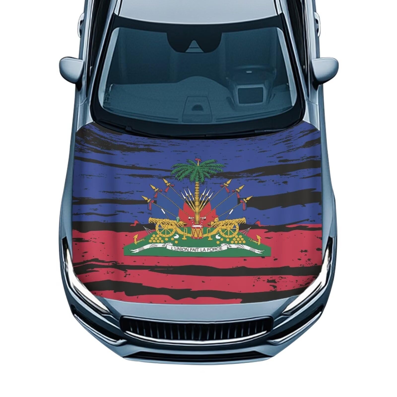 Haiti Flag Car Hood Cover Polyester Elastic Fabrics Can be Washed Suitable for Large SUV and Pickup Trucks