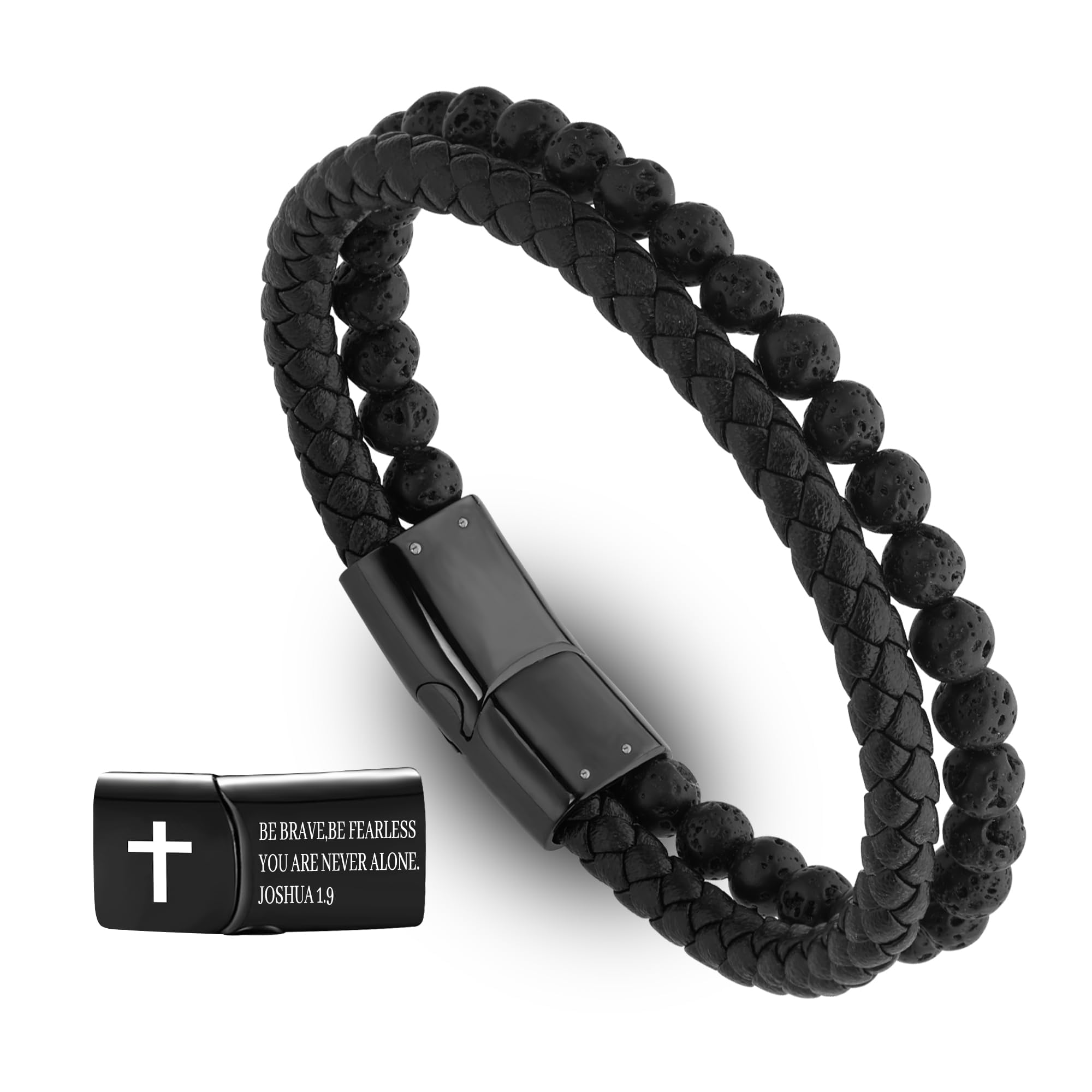 Hengbofeng Mens Bracelet, Jewelry Gifts for Men,Black Braided Leather Stainless Steel Cross With Black Onyx Beads Double-Row Bracelets for Men,For Dad,Friends,Brother,Sons