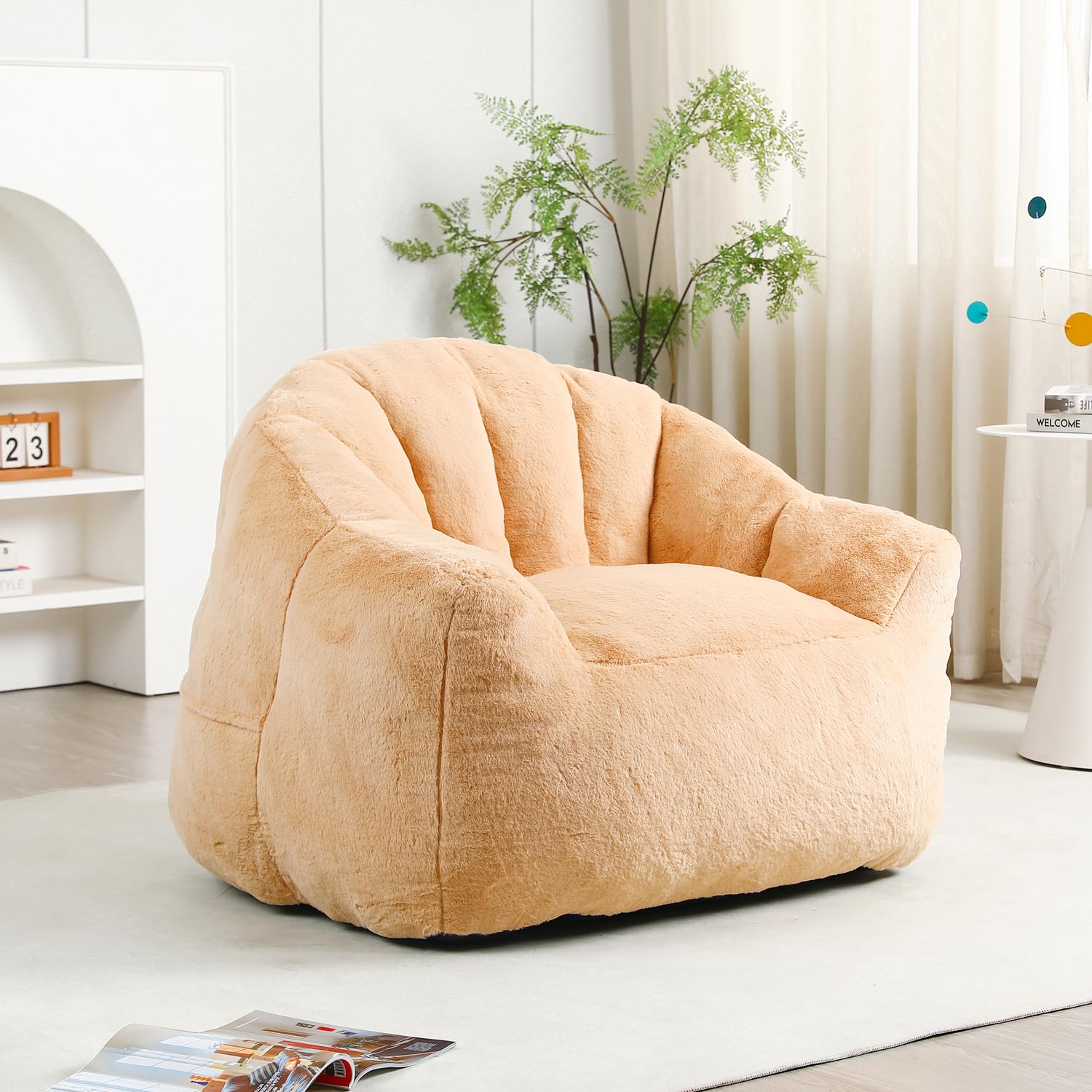 Bean Bag Chair with Arms for Adults - Furry Lazy Sofa, Armrests Stuffed High-Density Foam Filler Chair, Small Cozy Reading in Bedroom Living Room and Dorms (Brown)