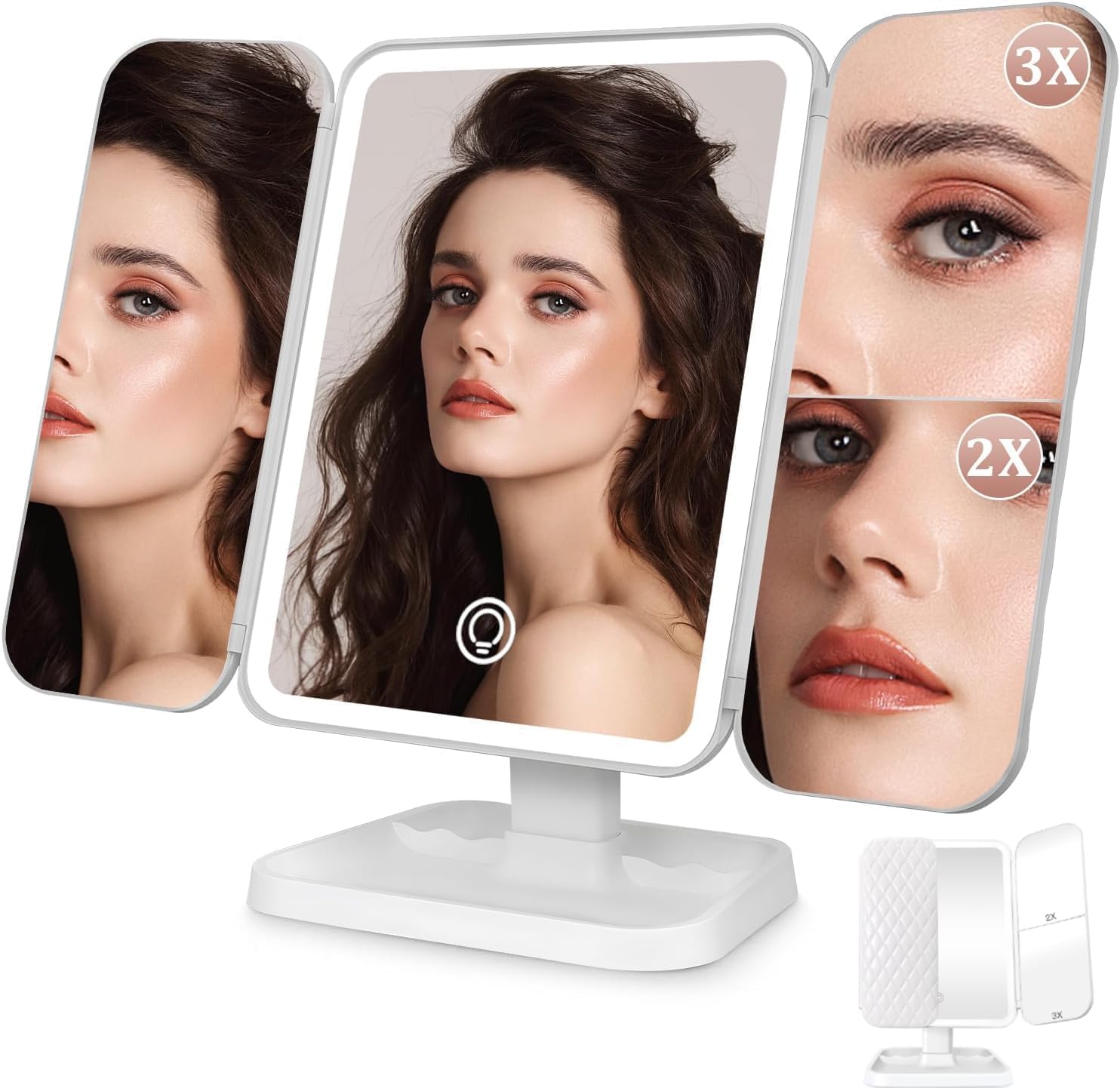 BIYALI Makeup Mirror with Natural LED Lights, Lighted Trifold Vanity Mirror with 1X, 2X & 3X Magnifications - 21 Dimmable Lights, Touch Screen, Dual Power 180° Rotation Cosmetic Mirrors Stand - White-image-34