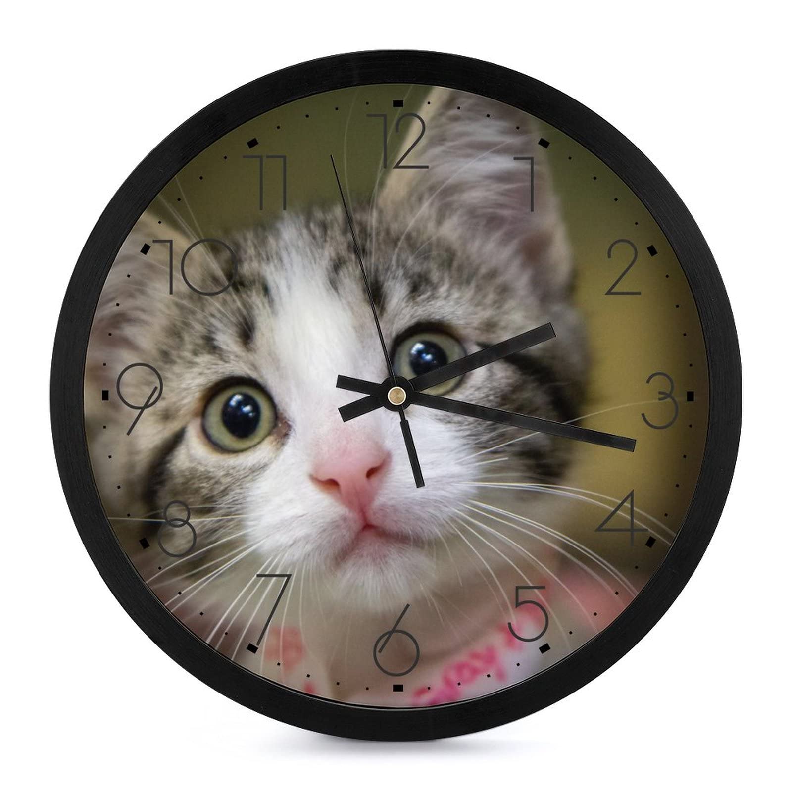Horloge murale ronde chaton aux yeux verts pour décorer la cuisine