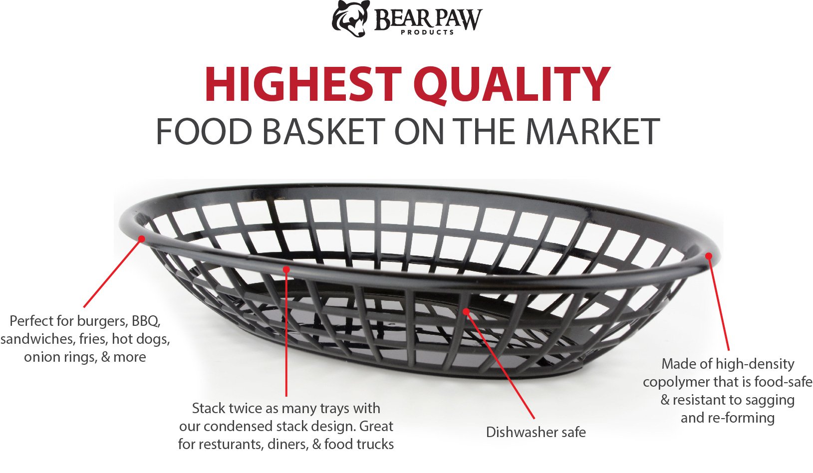 Bear Paws – Baskets de plástico – Baskets ovalados para pan – Cesta para servir – Banquetas de restaurante – Bandeja Deli – Fries, hamburguesas – Crawfish – 72 Count, color negro