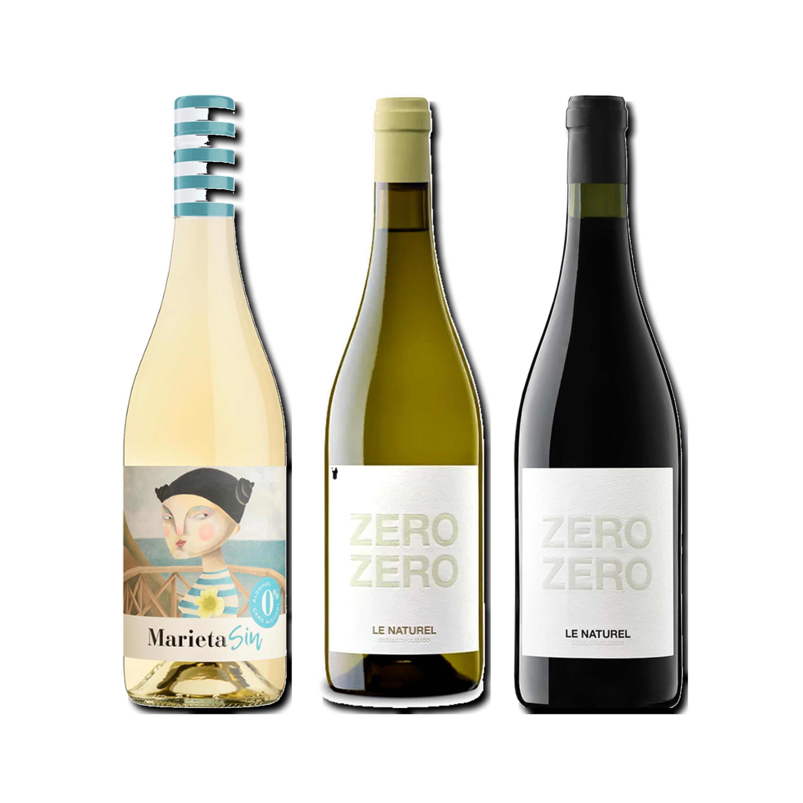 vino sin alcohol 0,0 Marieta, Zero Zero Le Naturel Blanco y Le Naturel Zero Zero Tinto pack de 3 botellas 75cl