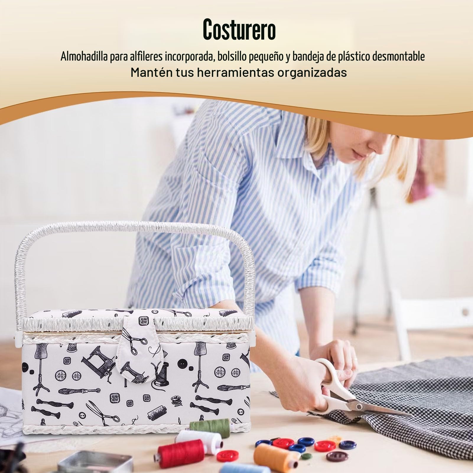 Cesta de Costura Grande, Caja de Costura con Bandeja Extraíble Y Bolsillo para Alfileres, Caja de Almacenamiento Portátil para Tijeras, Hilo, Agujas Y Suministros de Costura, 25 Cm X 17,5 Cm X 13 Cm