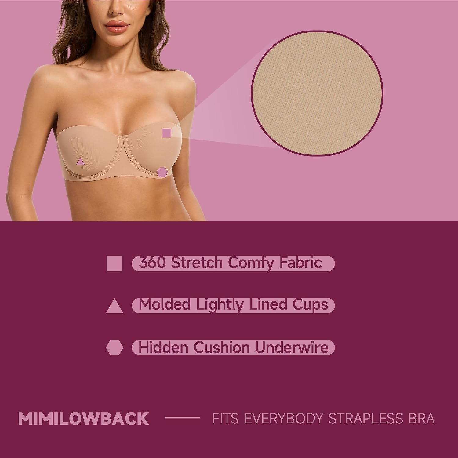 Women's Strapless Bra-Lightly Lined Non Slip Invisible Balconette Underwire Support Multiway Bandeau Bra for Comfort Lift