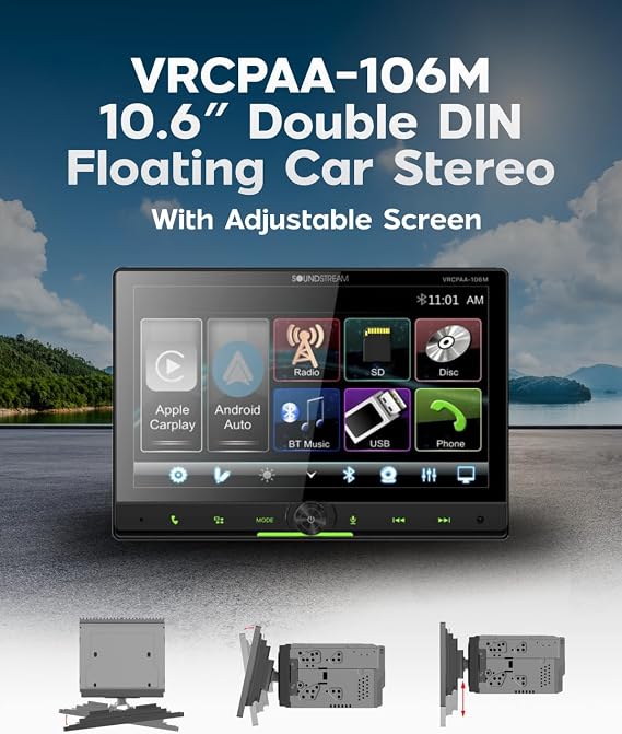 Soundstream VRCPAA-106M Double DIN Car Stereo - Apple CarPlay & Android Auto Head Unit, 10.6 Floating Touchscreen Car Stereo with Bluetooth, Aux Input, USB, SD, Mechless Headunit (No Disc/DVD Drive)