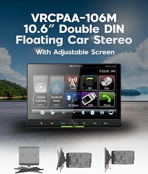 Soundstream VRCPAA-106M Double DIN Car Stereo - Apple CarPlay & Android Auto Head Unit, 10.6 Floating Touchscreen Car Stereo with Bluetooth, Aux Input, USB, SD, Mechless Headunit (No Disc/DVD Drive)