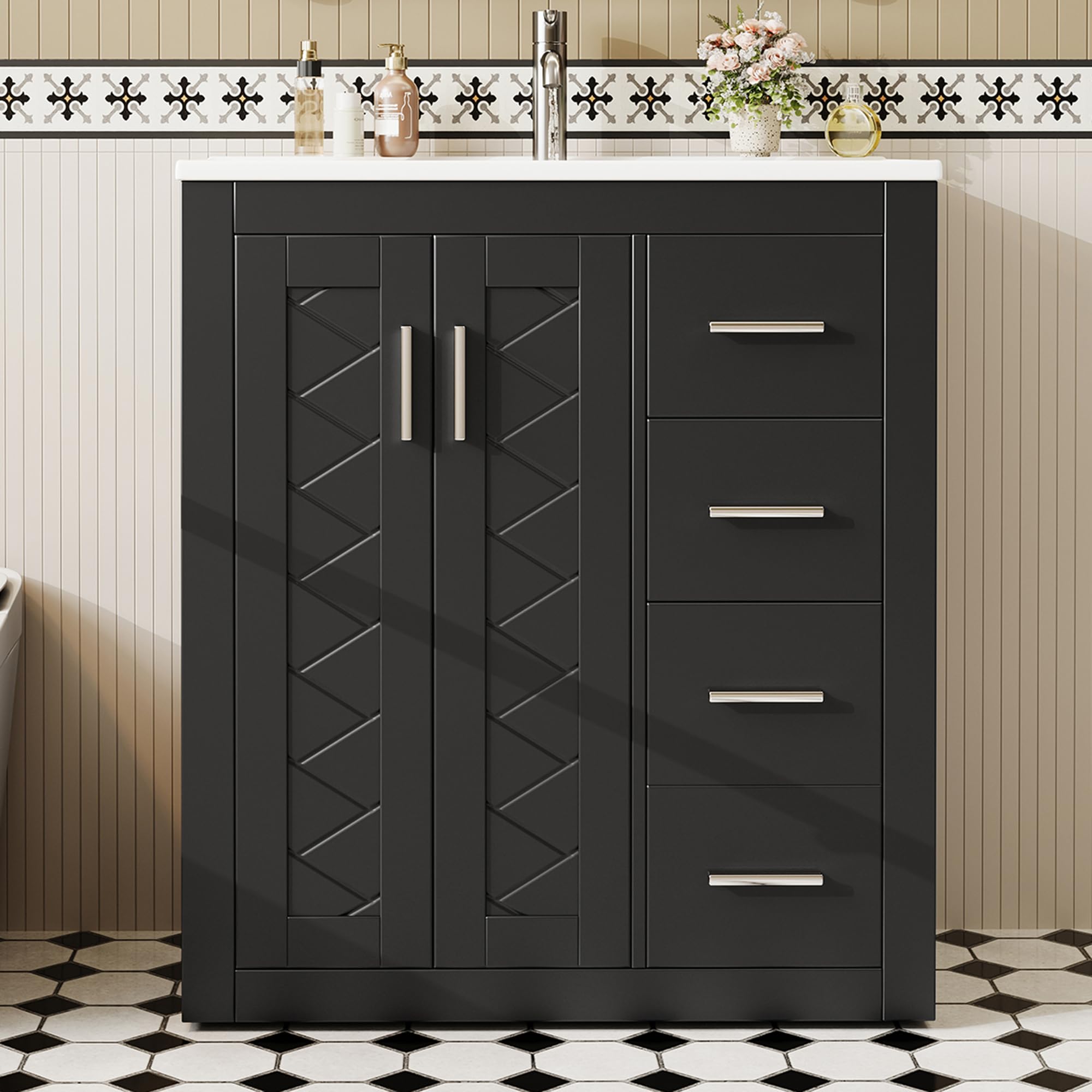 Merax Badezimmerschrank mit Waschbecken, komplett lackiert, DREI leise Schubladen + Doppeltüren, Soft-Close Scharniere für große Familien, Waschtisch, freistehend, Schwarz/76x46.5x85.5cm