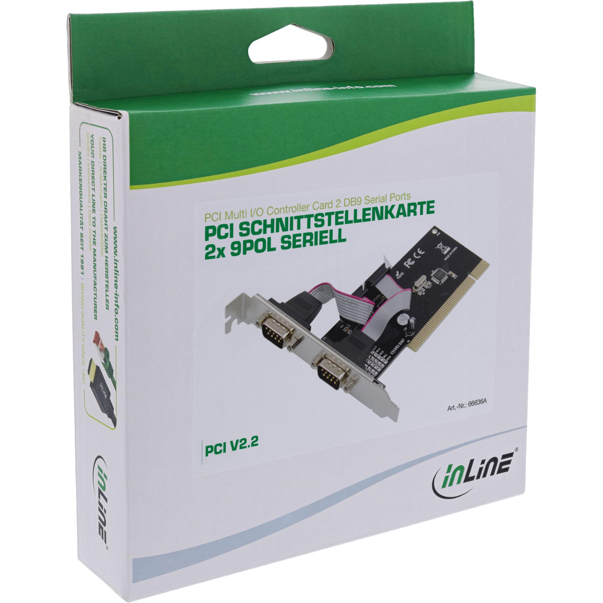 InLine 66636A Lot de 2 Cartes d'interface PCI série RS232 CH351Q 9 Broches Haut débit Compatible avec Windows et Linux Installation Facile