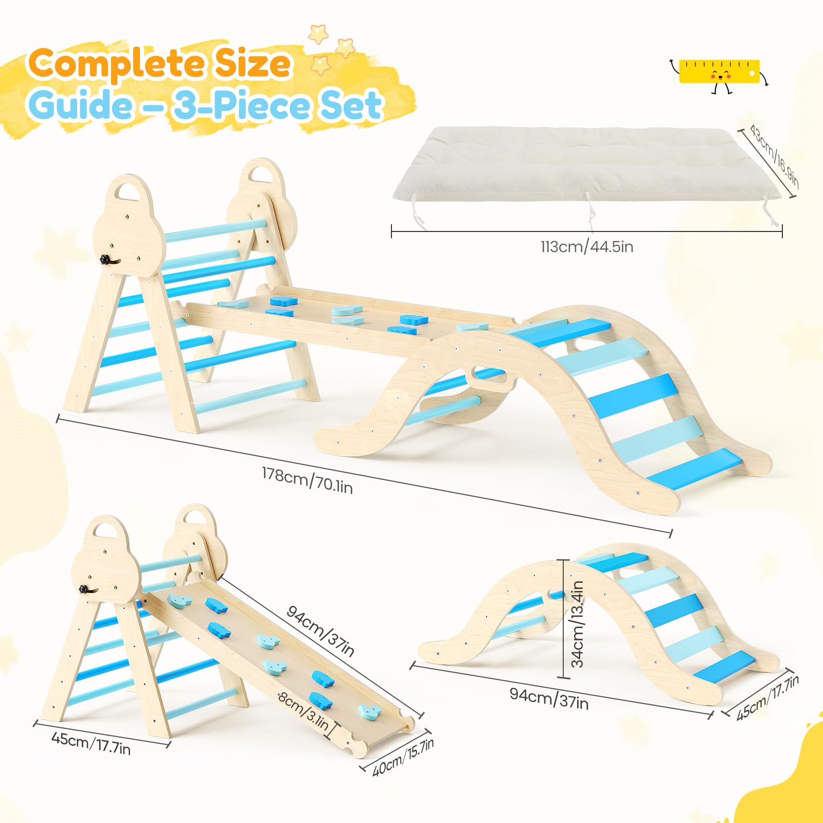 7-en-1 Triangle Set,Juego de Escalada Montessori con cojín, Juguetes para trepar en Interiores, gimnasios de Juegos para Interiores,Juguetes para Escalar para Parques Infantiles（Azul）