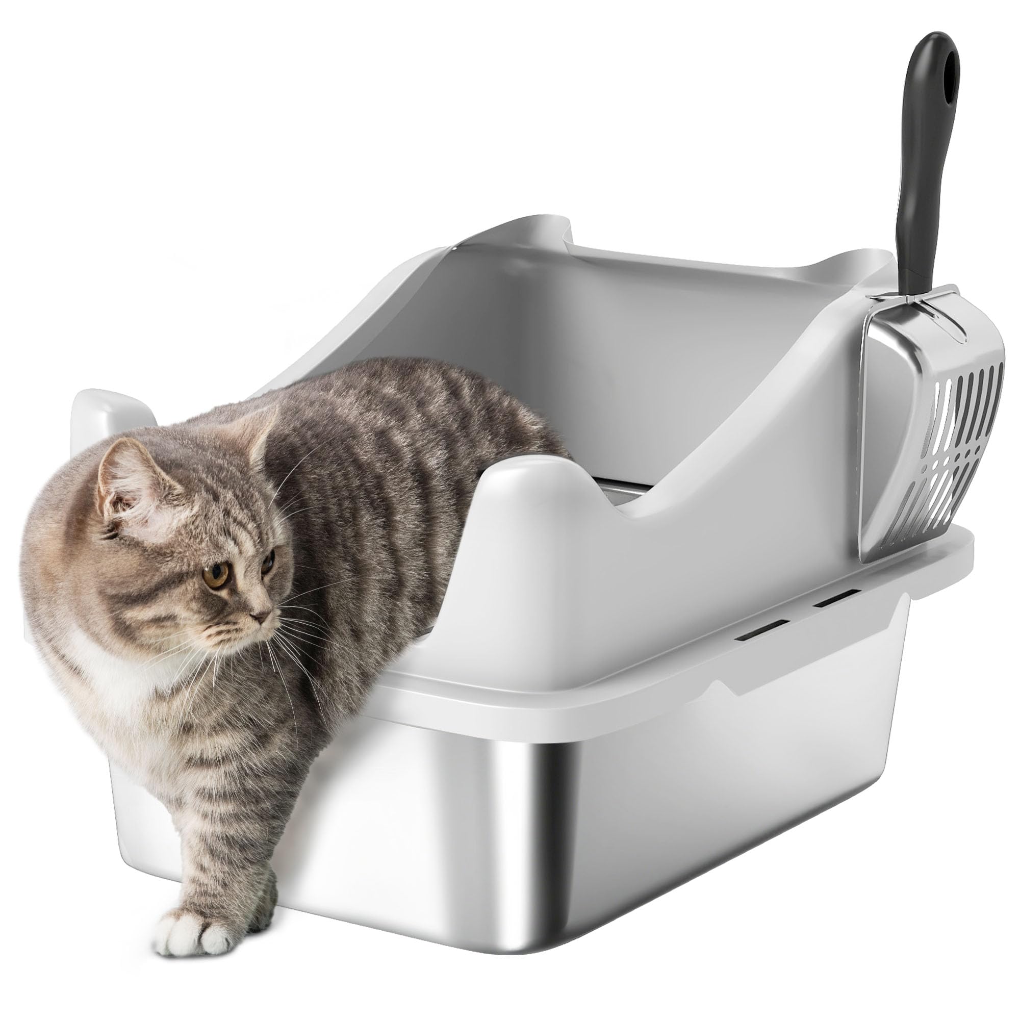 PawHut Cat Litter Tray Stainless Steel, Cat Litter Box High Sided with Metal Litter Scoop for Small Kittens, Never Absorbs Odors, Anti Leakage & Easy to Clean, 43 x 33 x 25 cm, Grey