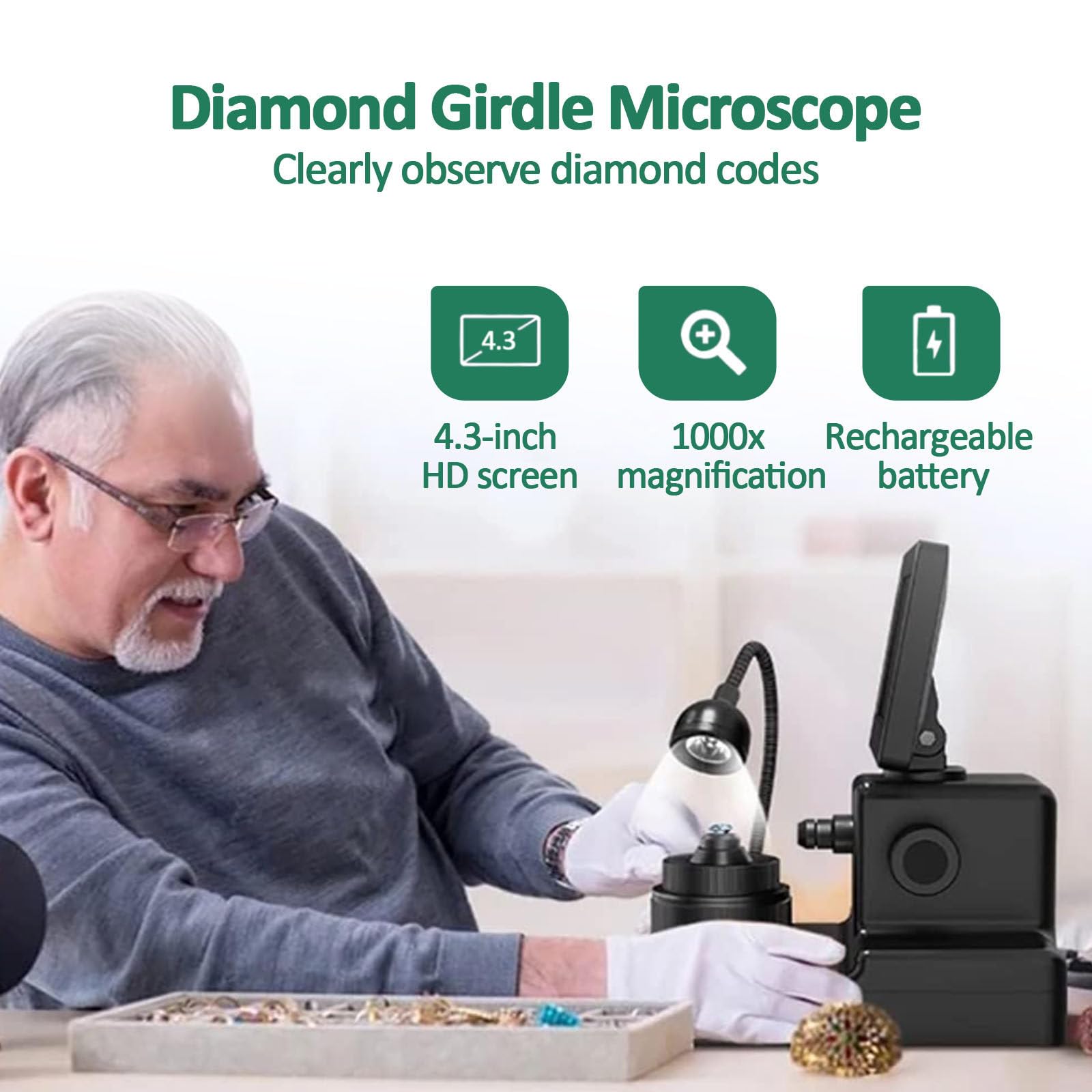 Cyfrowy mikroskop LCD 4,3 cala, cyfrowa przeglądarka pasów diamentowych, powiększenie 50-1000x, zestaw mikroskopu biologicznego, dokładna identyfikacja, do przeglądarki diamentowych napisów