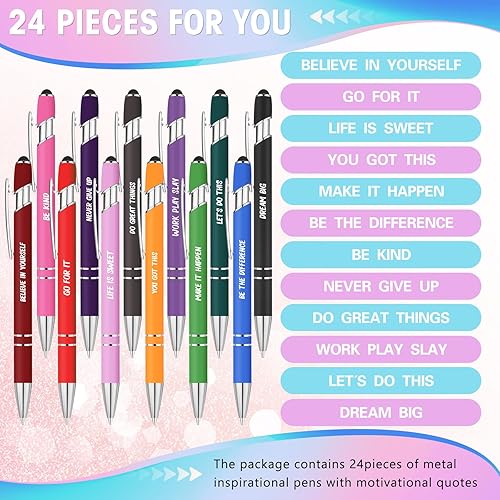 Miniatura 3 de Yeaqee 24 piezas de bolígrafos de bola inspiradores de tinta negra retráctiles con citas y punta de lápiz táctil, mensaje alentador para hombres y