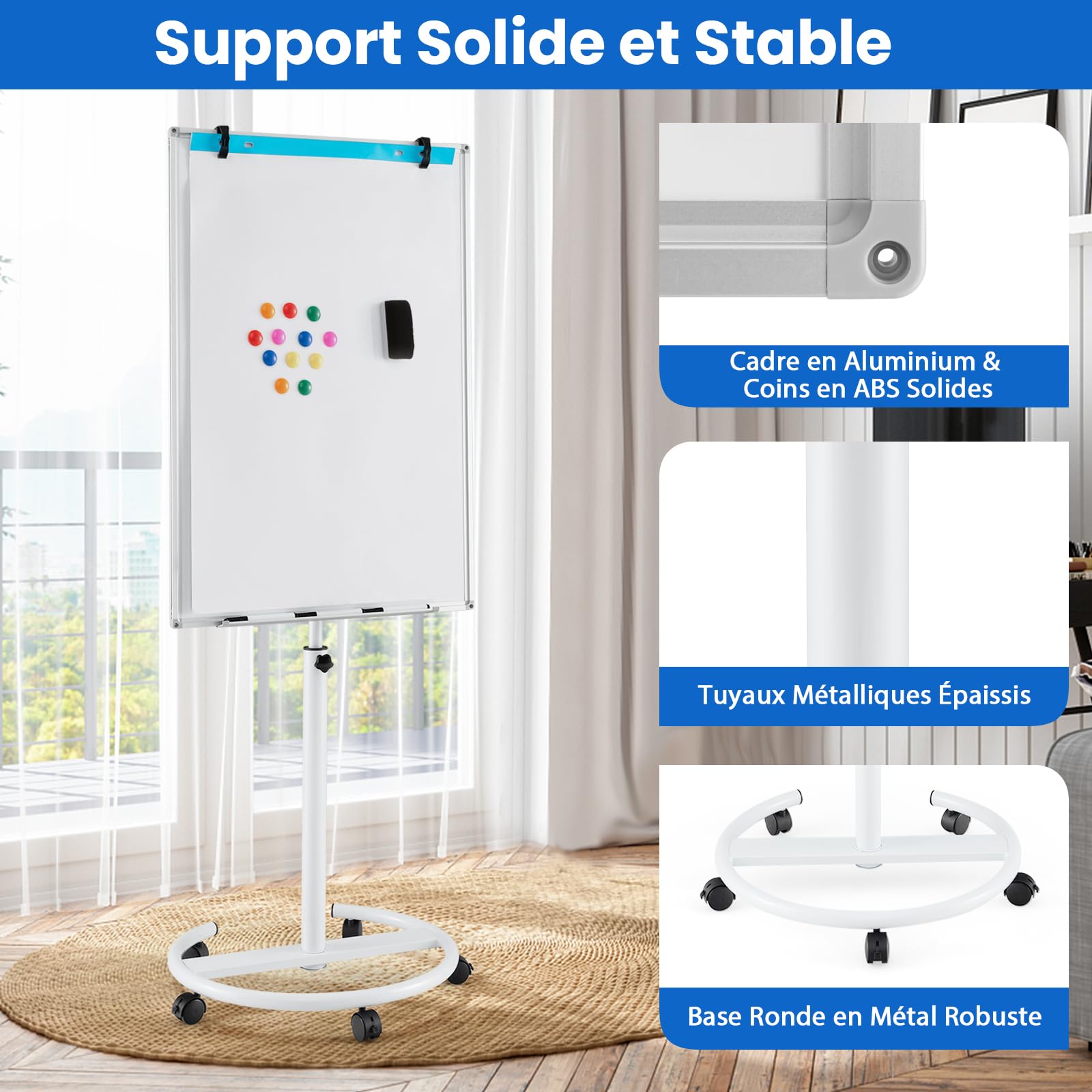 GOPLUS Pizarra blanca móvil magnética con altura ajustable, pizarra blanca giratoria de 360° con 4 ruedas, borrador, imanes, pizarra borradora, para escuela, oficina (blanca|base redonda, 65 x 100 cm)