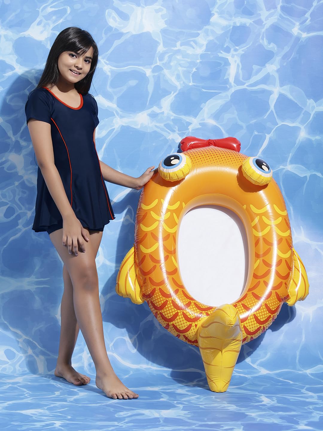 LYCOT Nylon A-Line Half Sleeves and Hot Short Pattern Swimwear for Girl's - Navy 4