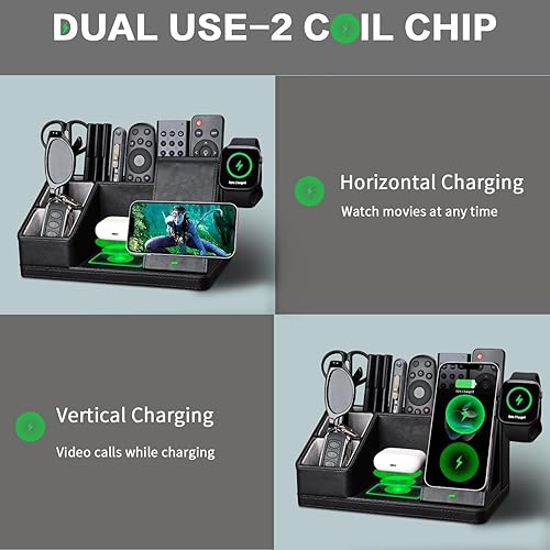 Miniatura 5 de Organizador de escritorio de cuero negro con estación de carga, accesorios de escritorio de suministros de oficina, soporte para bolígrafo para