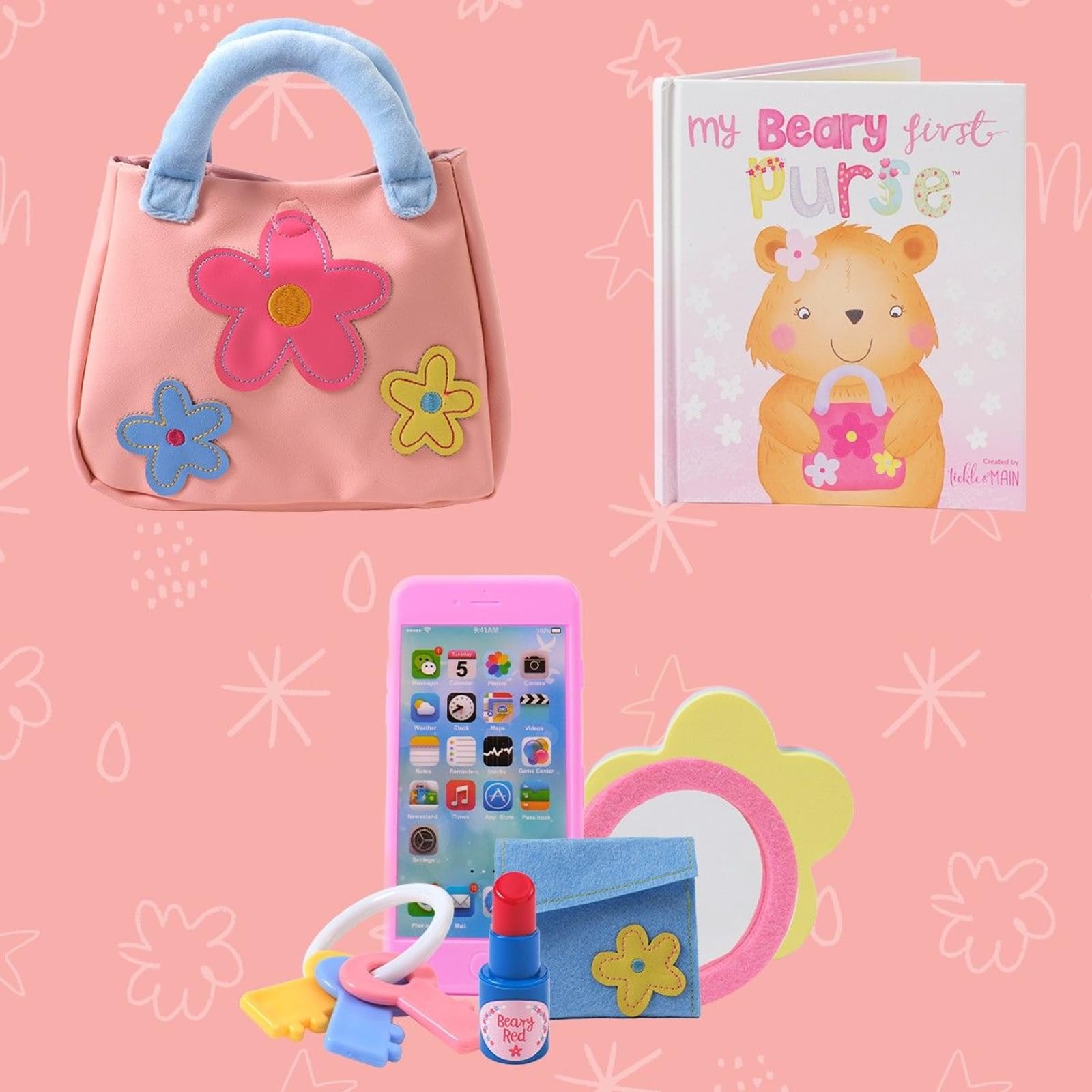 My Beary First Purse Playset - Bolso para bebé niña, 9 piezas, piel sintética, rosa a partir de 1 año, libro de cuentos y accesorios para juegos imaginativos, regalo de cumpleaños para 9
