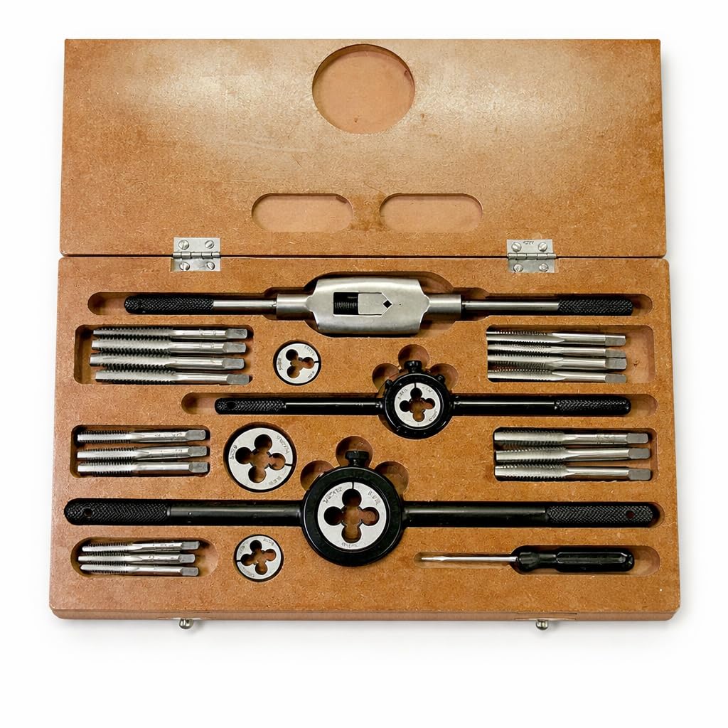 Professional 15-Piece Tap and Die Set (1/4" to 1/2" BSW) | Complete Threading Kit with Wooden Storage Box | Precision Metalworking Tools-picture-30