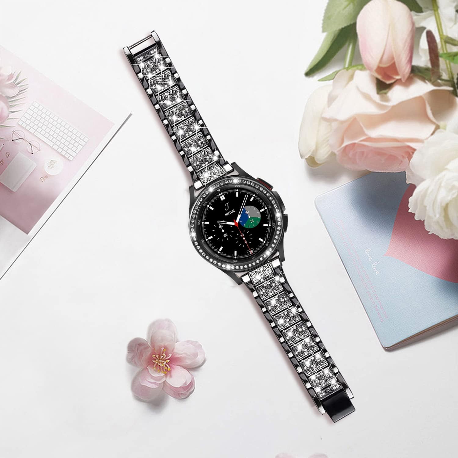 Bands Compatible with Samsung Galaxy Watch 4 Classic (46mm), 20mm Luxury Rhinestone Diamond Metal Steel Bracelet with Watch Face Bezel Ring Case Cover Replacement for Women Men (Black) - Image 4