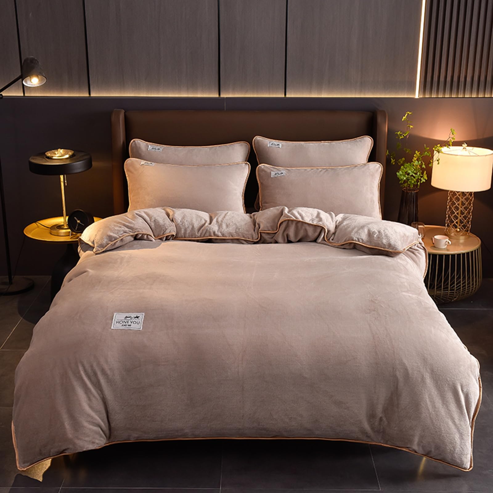 Juego de Funda Nórdica Cálida, Juego de Cama Térmico Grueso y Acogedor de Franela de Terciopelo, 1 Funda de Edredón de Forro Polar, 1 Sábana y 2 Fundas de Almohada (Khaki,220x240cm)
