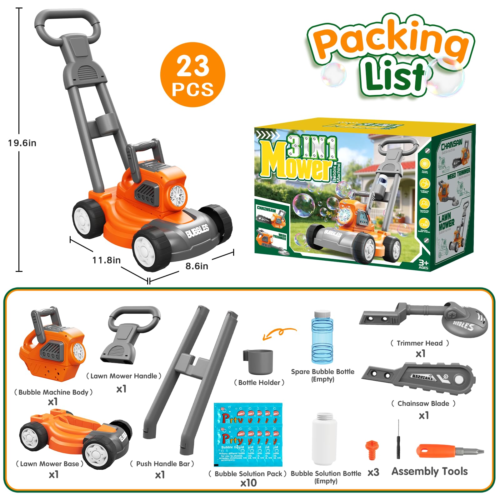 Tosaerba Spara Bolle per Bambini, Macchina per Bolle 3-in-1 con 10 Soluzioni, Giochi all'Aperto per Bambini 3-8 Anni, Regalo di Compleanno Pasqua Estate per Ragazzi e Ragazze 3 4 5 6 7 8 Anni
