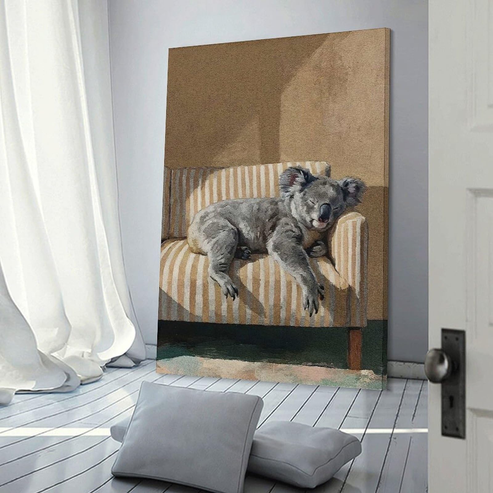 Junmoney Frame-Style-16 Sleeping Koala On Striped Couch Canvas Wall Decor, 12X18inch(30X45cm), For Home Walls, Creative Rooms Or Shared Spaces, Stylish Home Artwork For Focal Walls
