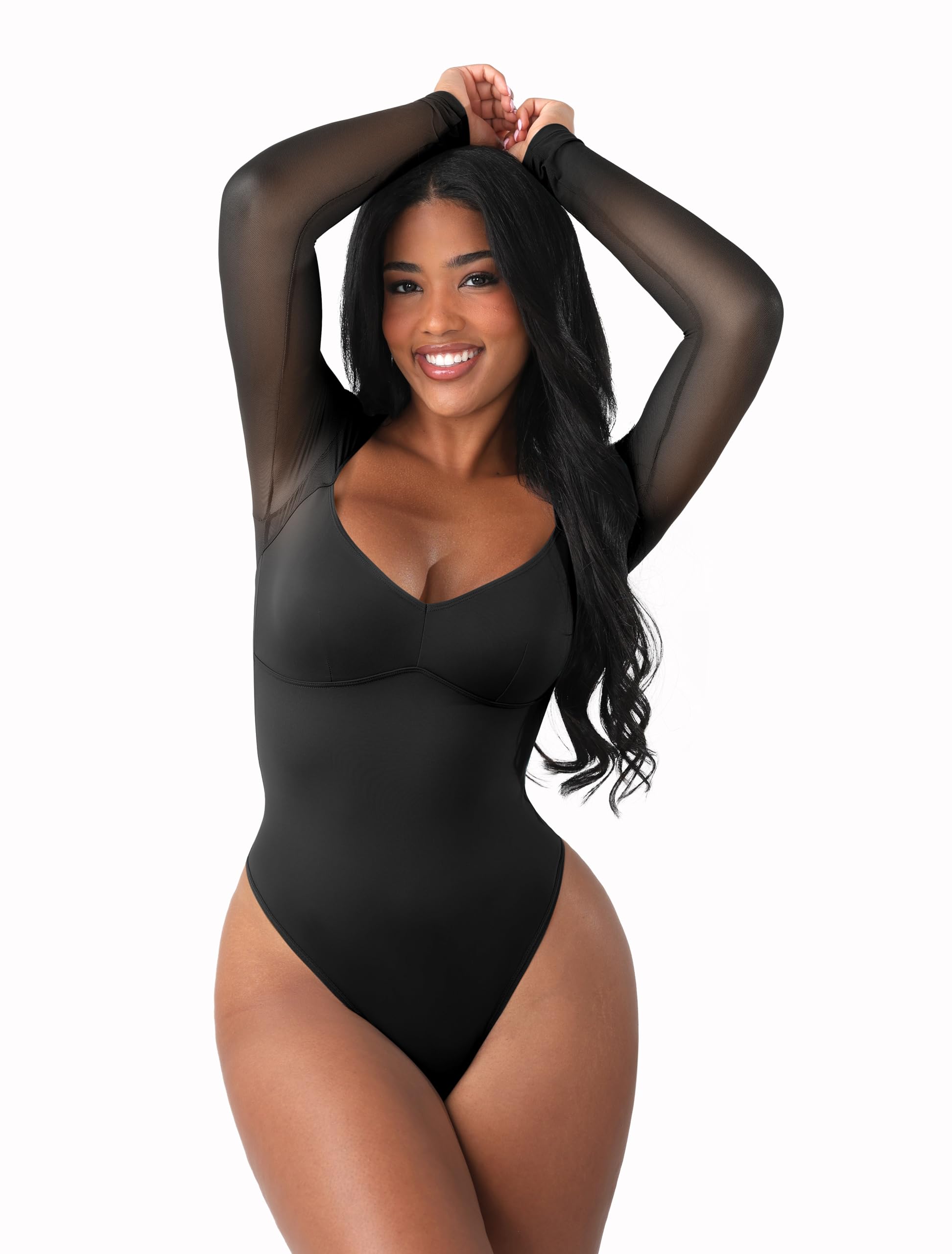 FeelinGirl Long Sleeve Bodysuit for Women Sexy Mesh V Neck Body Suits Thong Corset Top Going Out Outfits