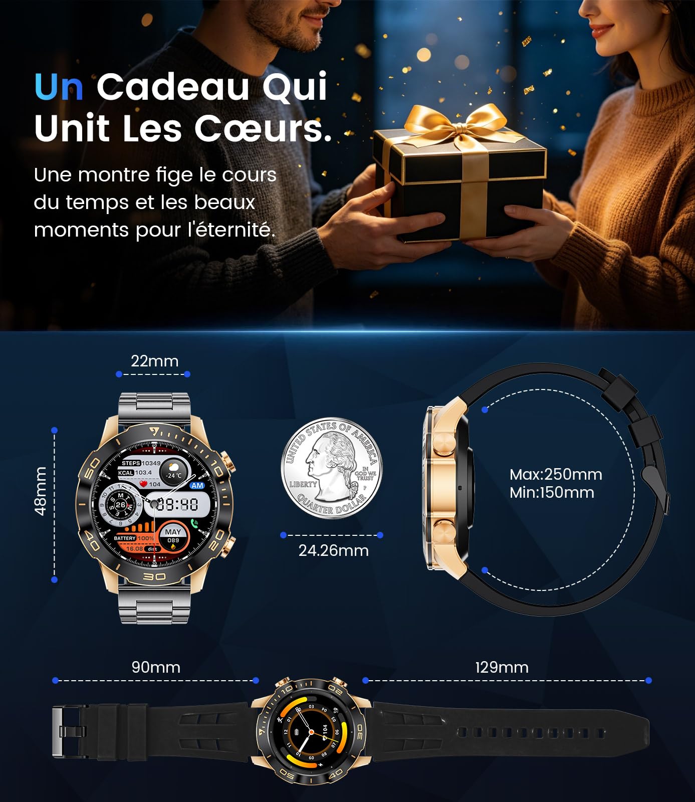 LIGE Montre Connectée Homme. 1.43" HD 800mAh Compatible Android/iOS | Écran HD AMOLED, Batterie Haute Capacité, 170+ Sports, étanchéité IP68, Appels Bluetooth, Santé 24/7, 2 bracelets