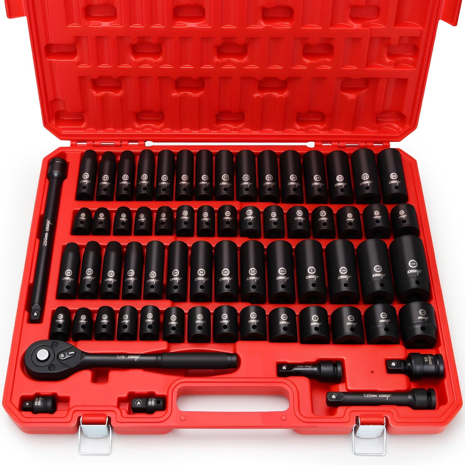 DISEN 65 Pieces 1/2" Drive Impact Socket Set, Metric (10-24mm) & SAE (3/8" to 1-1/4"), 6 Point Cr-V Alloy Steel for Auto Repair, Include Extension Bars, Adapter, Rugged Construction, Storage Case