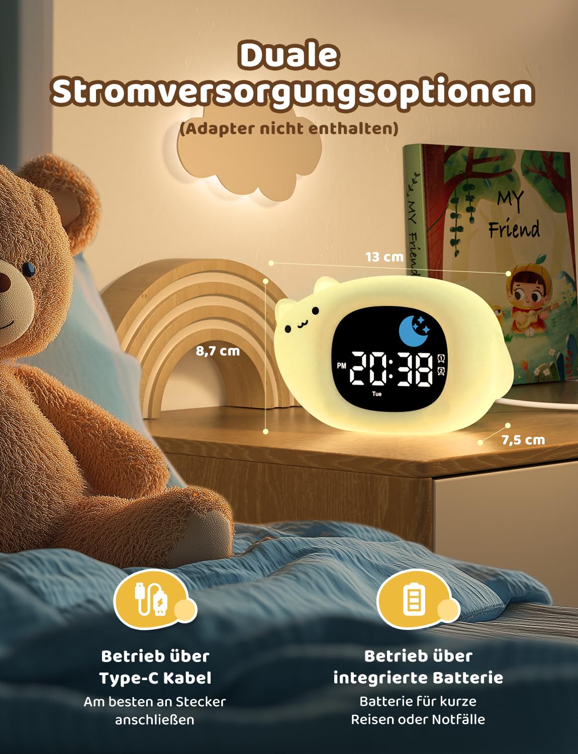 YISSVIC Lernwecker für Kinder, Tag und Nacht, 2 Alarme, 3 Weckzeiten, 12/24 Stunden, Snooze, 10 Lieder, Helligkeit des Displays, verstellbar, Lichtwecker, 7 Farben, automatische Abschaltung in