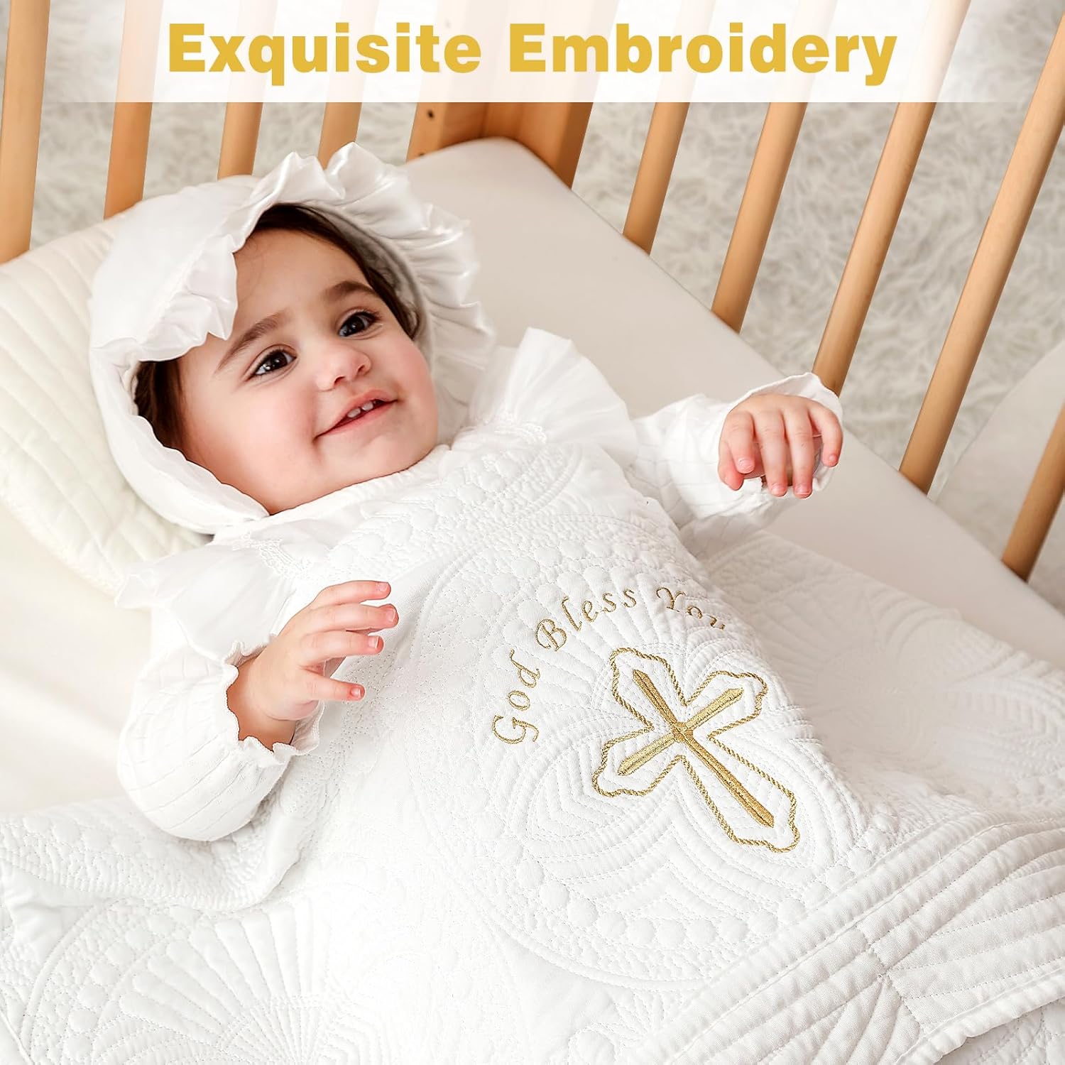 Embroidered Baptism & Christening Baby Blanket – Soft Quilted Cotton 33×45 in Heirloom Quilt for Boys & Girls, Scalloped Edges, Christian Keepsake with Gift Box - Image 2